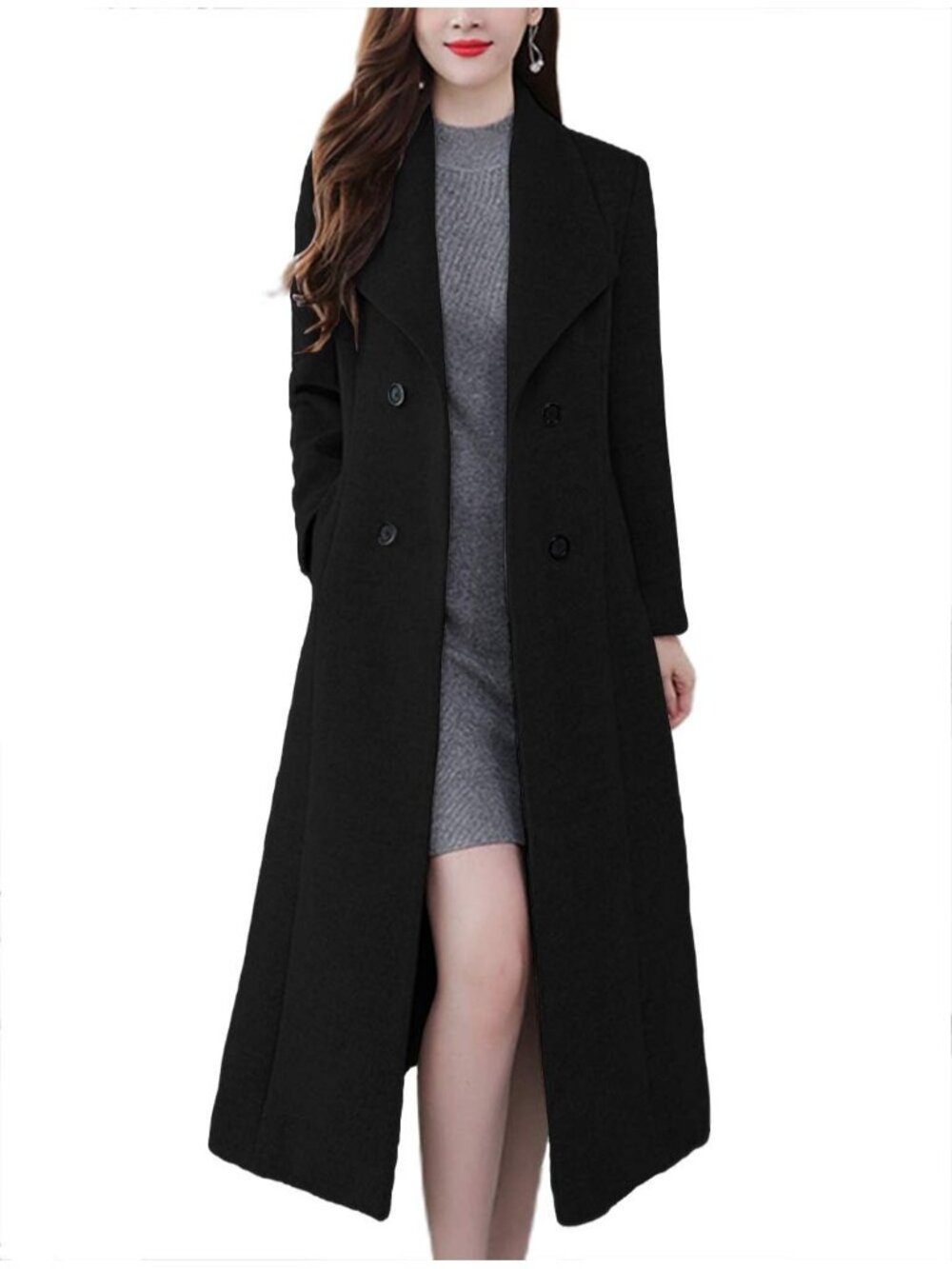 Women's Black Wool Maxi Long Shawl Collar Double Breasted Classic Trench Coat